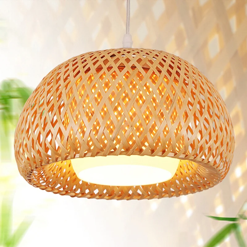 2-Layered Dome Ceiling Hang Lamp Simplicity Bamboeplant Single-Bulb Tea Room Pendant Light Wood Wood