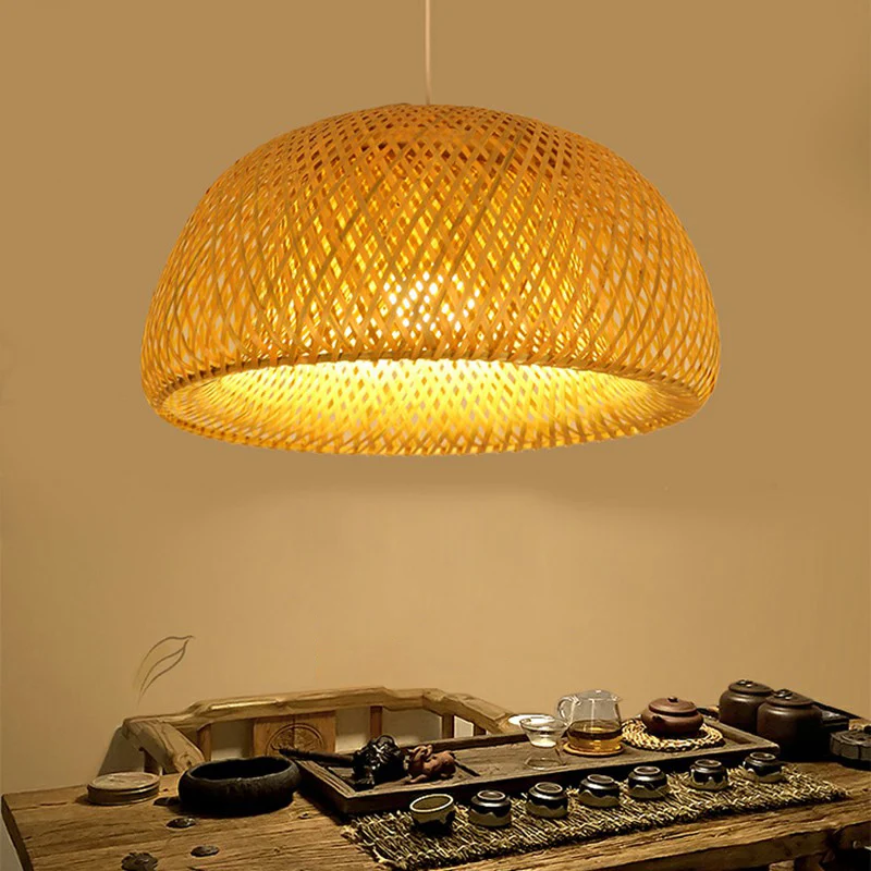 2-Layered Dome Ceiling Hang Lamp Simplicity Bamboeplant Single-Bulb Tea Room Pendant Light Wood Wood
