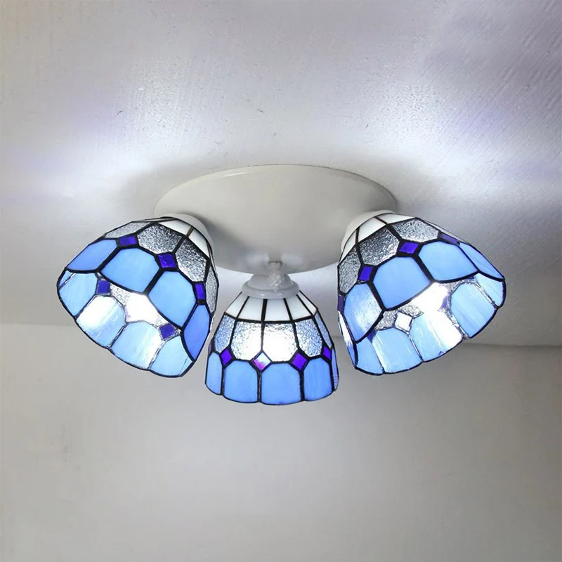 3-kops Dome Shade Plafondlamp Mount Tiffany Glas--lood Plafondlamp wit/helder met Lange Kabel