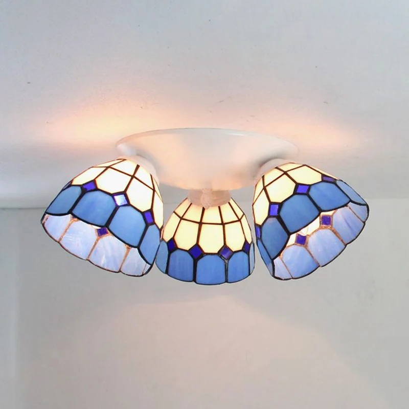 3-kops Dome Shade Plafondlamp Mount Tiffany Glas--lood Plafondlamp wit/helder met Lange Kabel