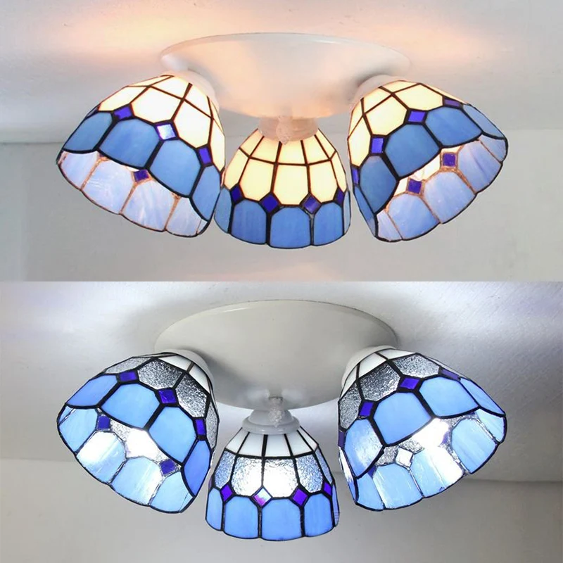 3-kops Dome Shade Plafondlamp Mount Tiffany Glas--lood Plafondlamp wit/helder met Lange Kabel