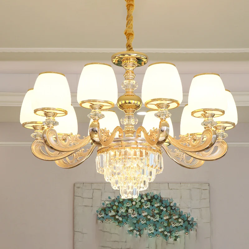 Barrel wit matglazen kroonluchter verlichting klassieke slaapkamer hanglamp met gelaagd kristallen accent voor Plafondhoog...