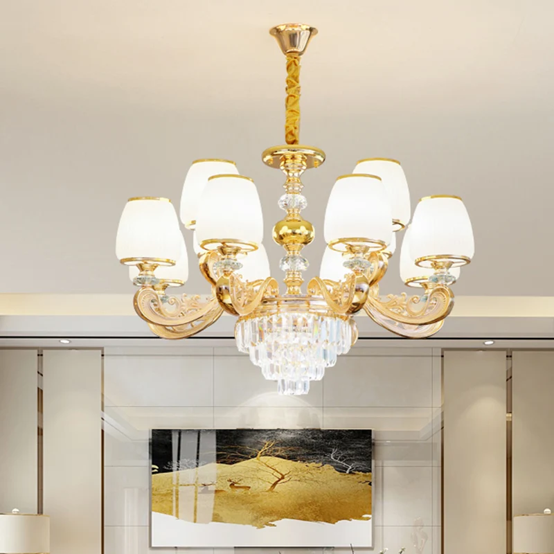 Barrel wit matglazen kroonluchter verlichting klassieke slaapkamer hanglamp met gelaagd kristallen accent voor Plafondhoog...