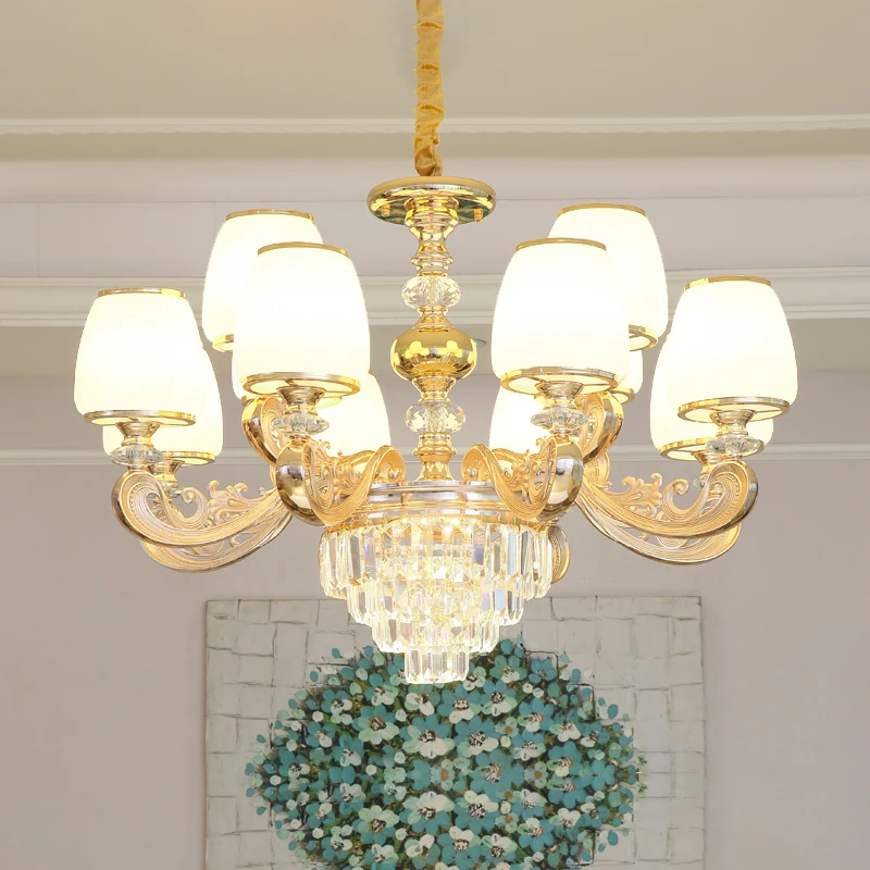 Barrel wit matglazen kroonluchter verlichting klassieke slaapkamer hanglamp met gelaagd kristallen accent voor Plafondhoog...