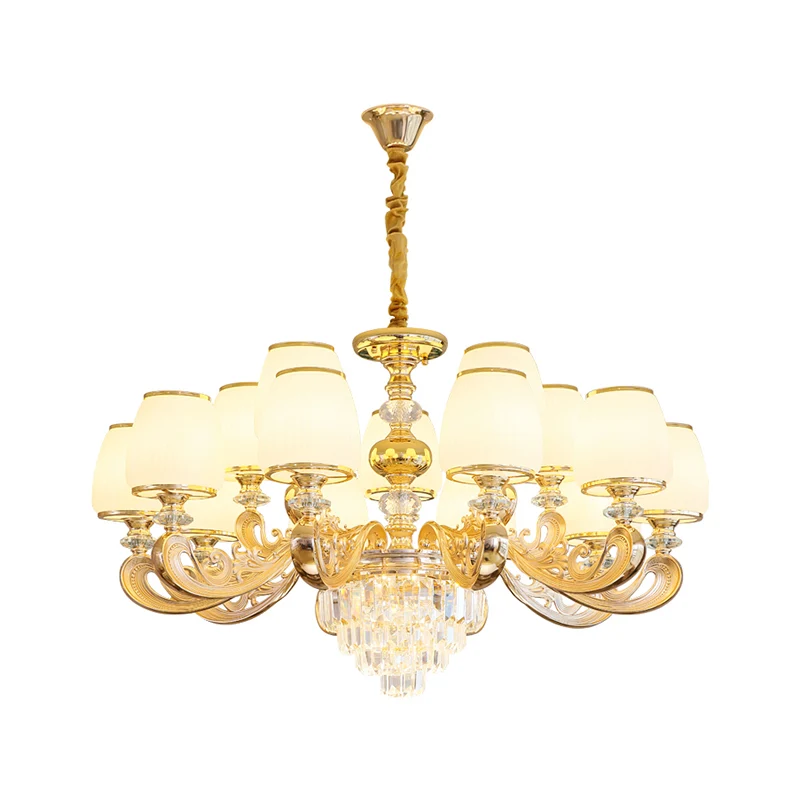 Barrel wit matglazen kroonluchter verlichting klassieke slaapkamer hanglamp met gelaagd kristallen accent voor Plafondhoog...