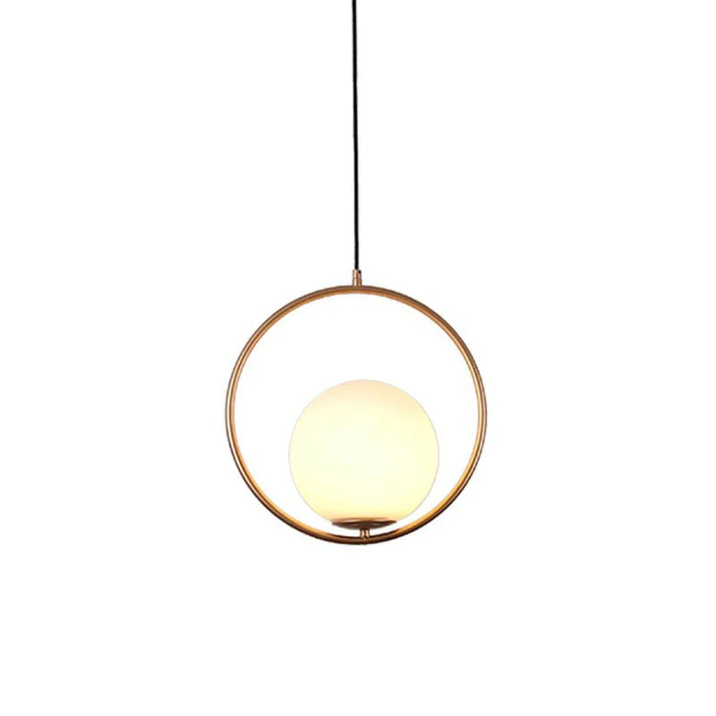 Bolvormige plafondlamp, eenvoudige stijl, enkele hanglamp van wit glas met metalen ring (IP44)