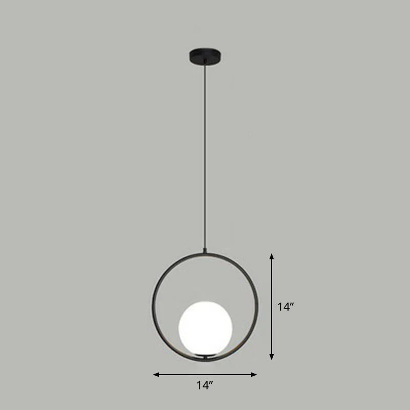 Bolvormige plafondlamp, eenvoudige stijl, enkele hanglamp van wit glas met metalen ring (IP44)