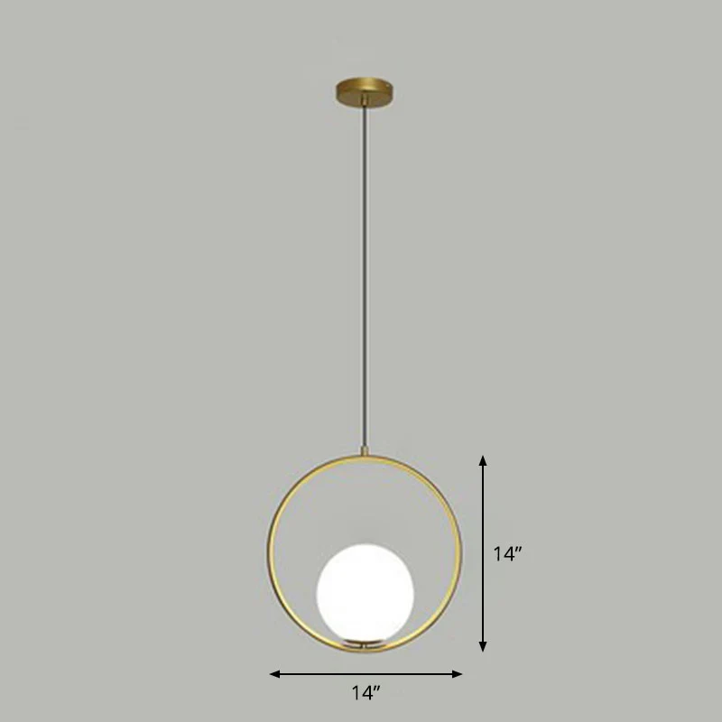 Bolvormige plafondlamp, eenvoudige stijl, enkele hanglamp van wit glas met metalen ring (IP44)