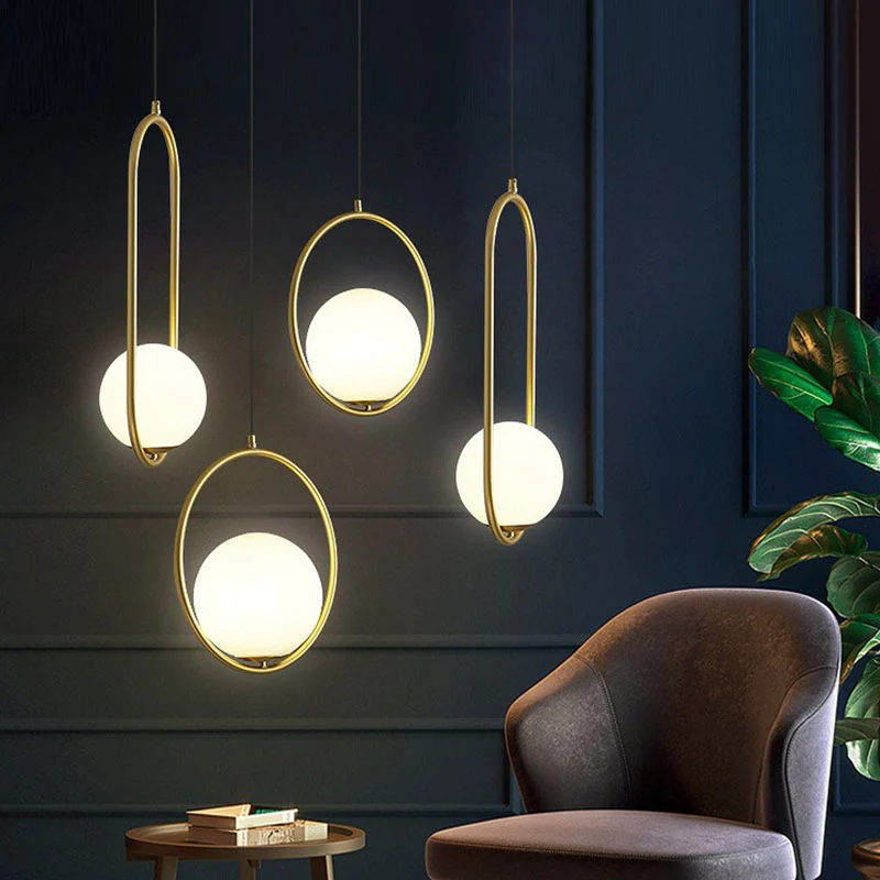 Bolvormige plafondlamp, eenvoudige stijl, enkele hanglamp van wit glas met metalen ring (IP44)