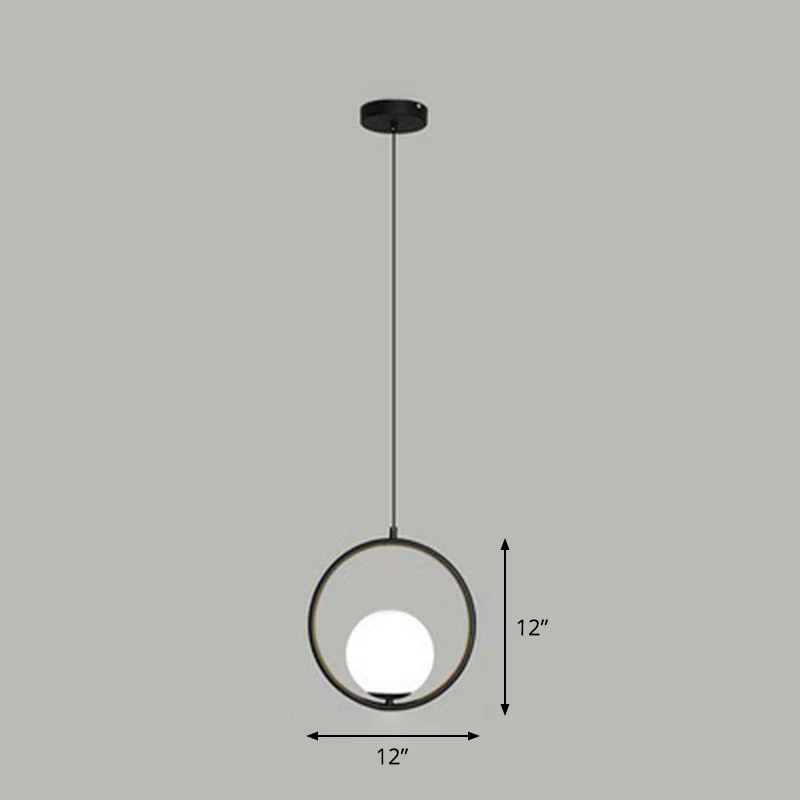 Bolvormige plafondlamp, eenvoudige stijl, enkele hanglamp van wit glas met metalen ring (IP44)