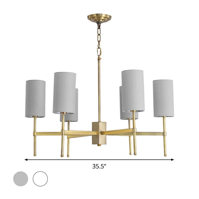 Cilinder hanglamp moderne stof 6 koppen grijs/witte hangende kroonluchter voor woonkamer