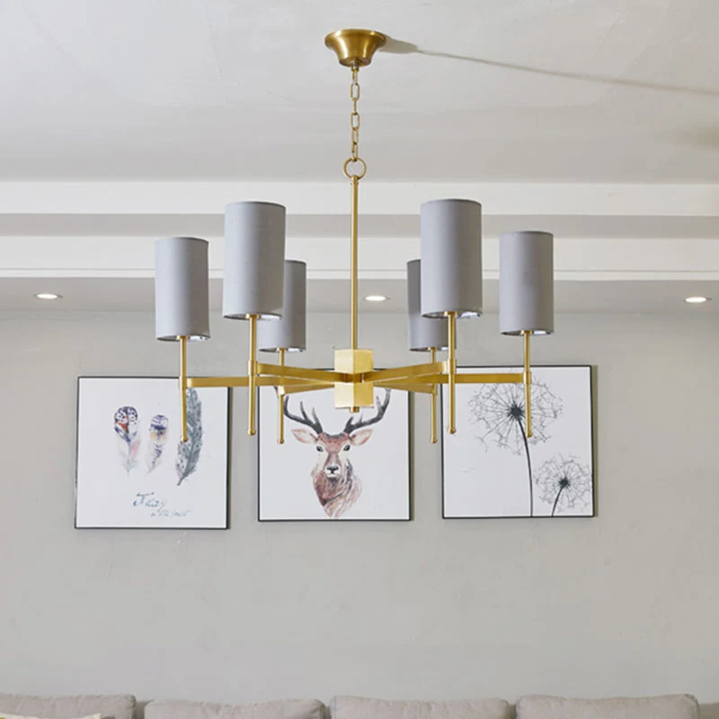 Cilinder hanglamp moderne stof 6 koppen grijs/witte hangende kroonluchter voor woonkamer