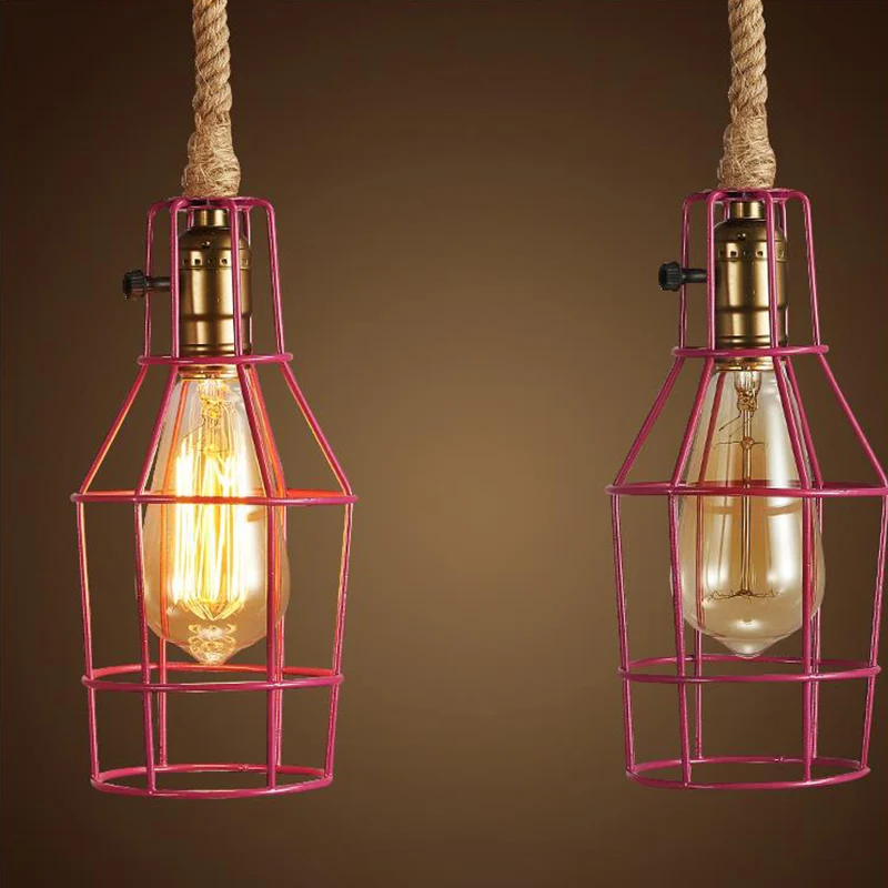 Draadkooi Eetkamerhanglamp Warehouse Metallic 1-kops zwart/wit/roze hanglamp met touwkoord voor Plafondhoogte 2.4m+
