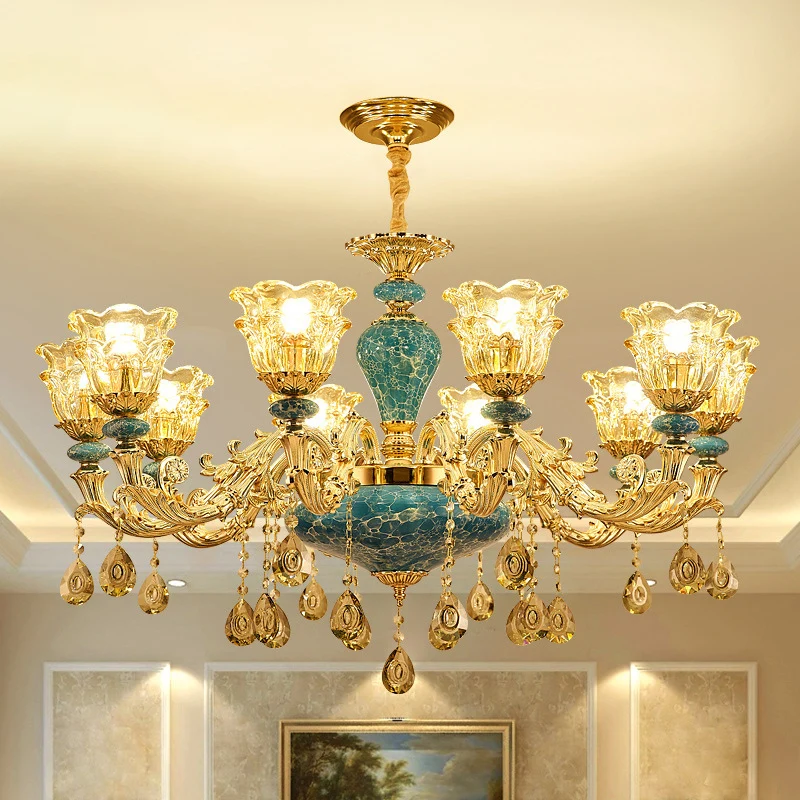 Energiezuinige Uitlopende glazen kroonluchter hanglamp met ruches Nostalgisch woonkamer hanglamp met hangend kristal goud