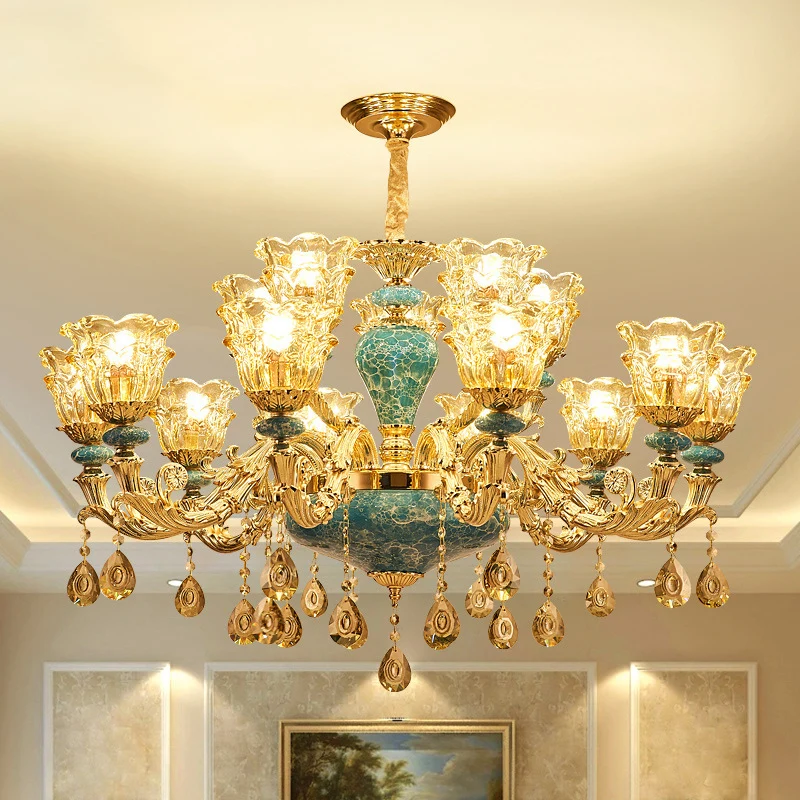 Energiezuinige Uitlopende glazen kroonluchter hanglamp met ruches Nostalgisch woonkamer hanglamp met hangend kristal goud