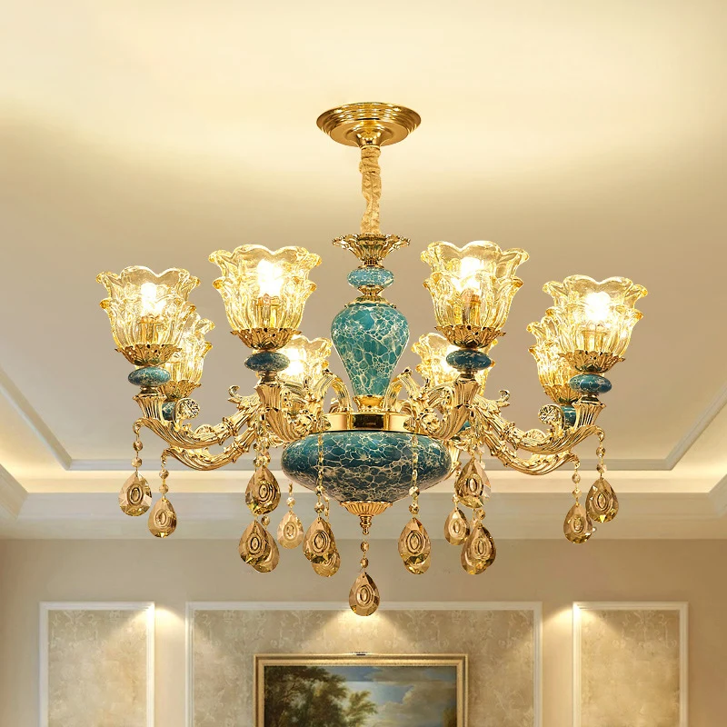 Energiezuinige Uitlopende glazen kroonluchter hanglamp met ruches Nostalgisch woonkamer hanglamp met hangend kristal goud