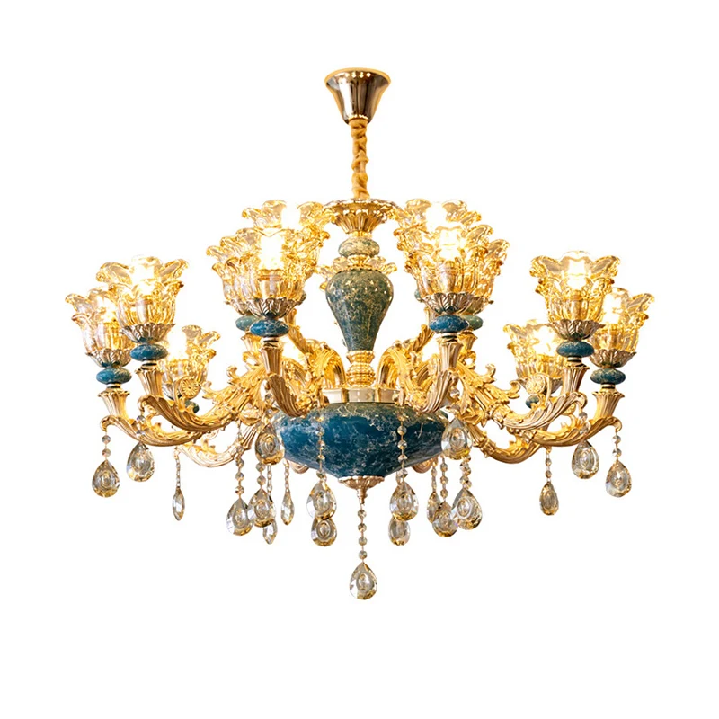 Energiezuinige Uitlopende glazen kroonluchter hanglamp met ruches Nostalgisch woonkamer hanglamp met hangend kristal goud