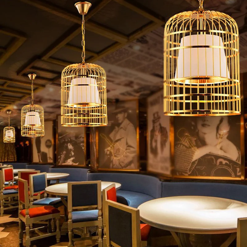 Energiezuinige Vergulde Vogelkooi Hanglamp Landelijk Metaal 1 Lamp Restaurant Plafondlamp met Kegelkap