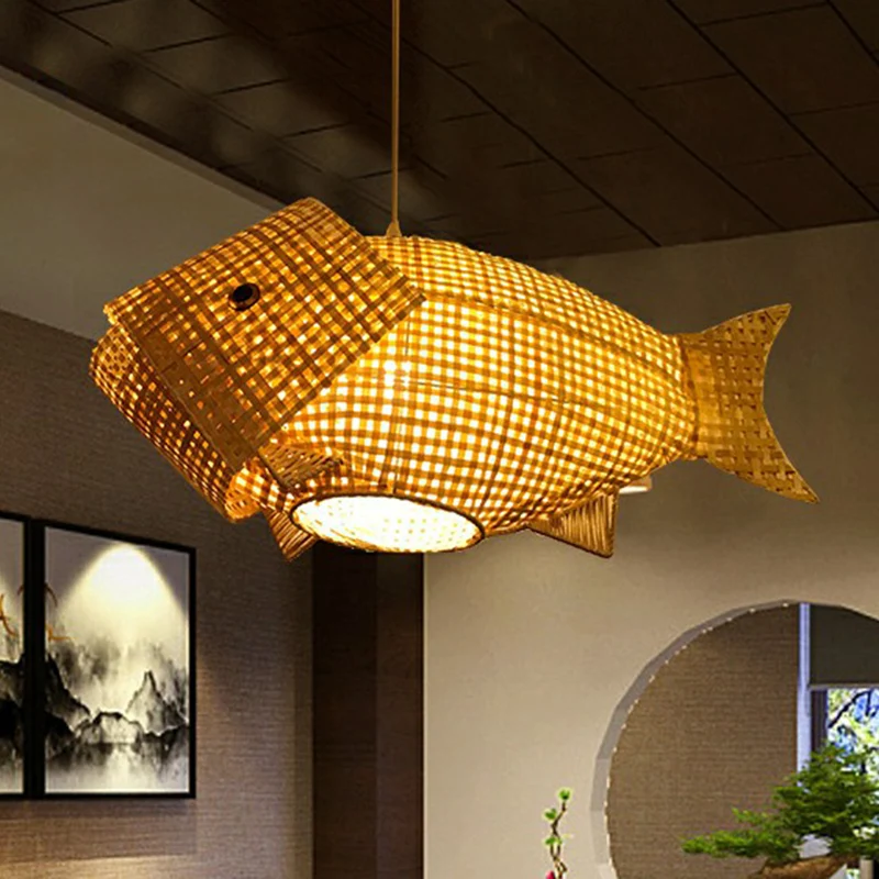 Hangende Pendant Bamboe geweven visvormige hangende plafondlamp Aziatische 1-lamp natuurtint ophangverlichting voor restau...
