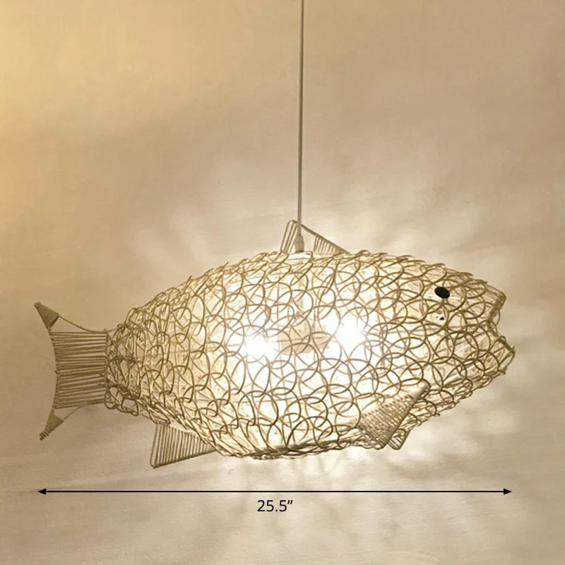 Hangende Pendant Bamboe geweven visvormige hangende plafondlamp Aziatische 1-lamp natuurtint ophangverlichting voor restau...