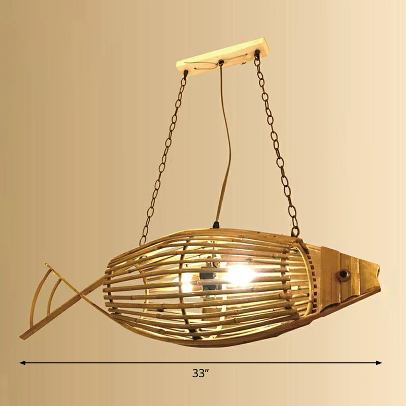 Hangende Pendant Bamboe geweven visvormige hangende plafondlamp Aziatische 1-lamp natuurtint ophangverlichting voor restau...