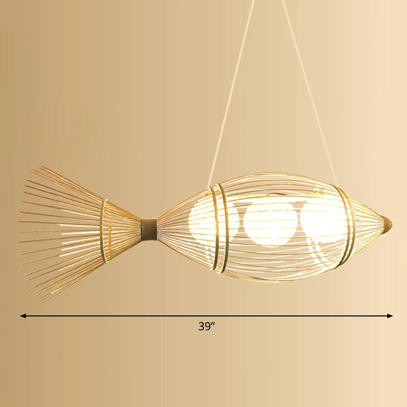 Hangende Pendant Bamboe geweven visvormige hangende plafondlamp Aziatische 1-lamp natuurtint ophangverlichting voor restau...