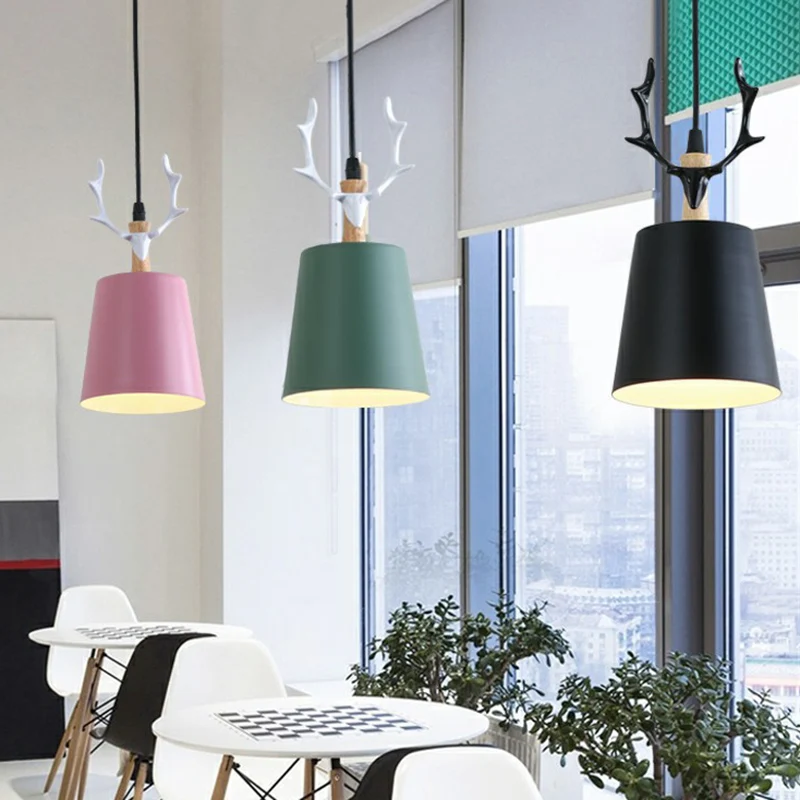 Hangende Pendant Macaron Taper hangende plafondlamp van metaal, enkele eetkamer, hangende hanger met gewei-decor