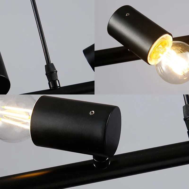 Lineaire eilandhanglamp met 6/8 lampen en open lamp. Klassiek vintage metalen hanglamp met zwart/witte afwerking - 60cm Di...