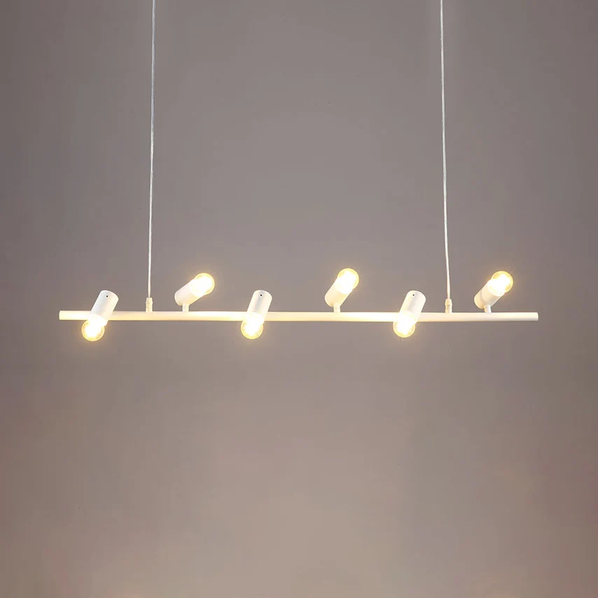 Lineaire eilandhanglamp met 6/8 lampen en open lamp. Klassiek vintage metalen hanglamp met zwart/witte afwerking - 60cm Di...