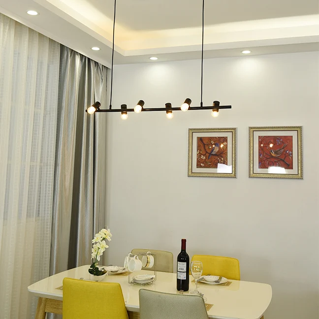 Lineaire eilandhanglamp met 6/8 lampen en open lamp. Klassiek vintage metalen hanglamp met zwart/witte afwerking - 60cm Di...