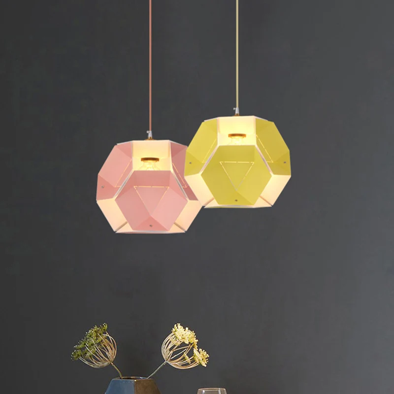 Moderne Plafond Macaron Cutouts Hexagon Drop Hangende Ijzeren 1-Licht Restaurant Hangende Plafondlamp Geel/Roze