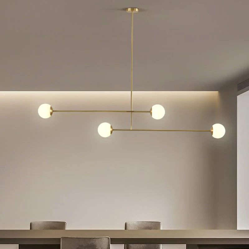 Parallelle hanglamp met gouden afwerking, minimalistische metalen eilandlamp met 4 lampen en lampenkap van opaalglas - 60c...
