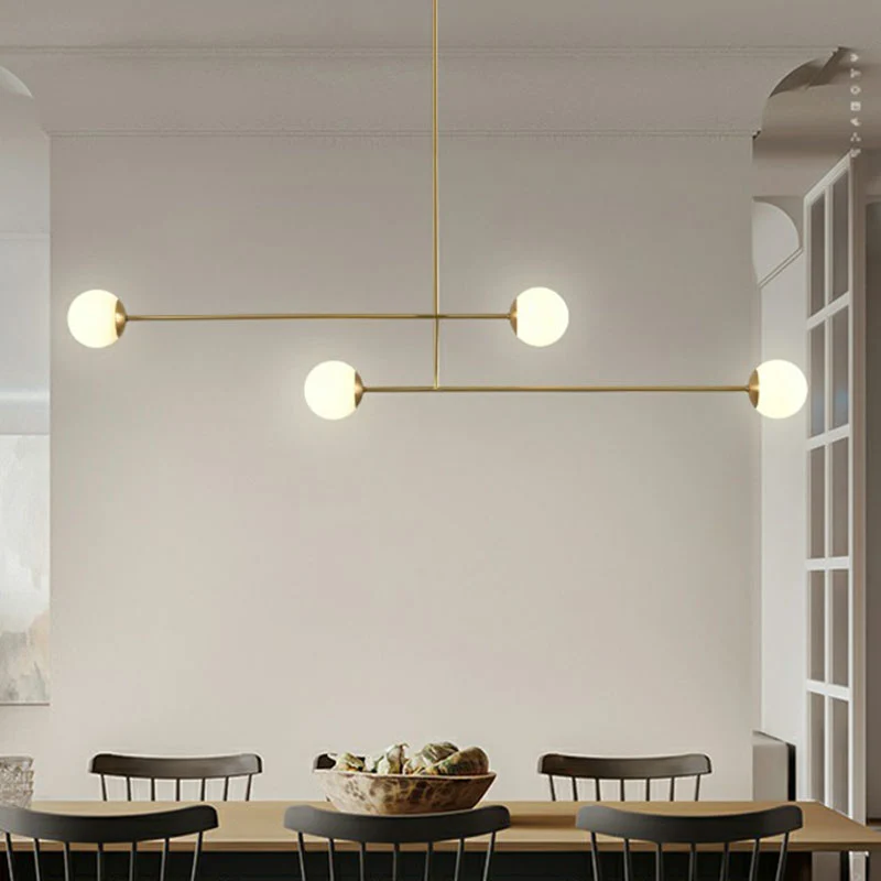 Parallelle hanglamp met gouden afwerking, minimalistische metalen eilandlamp met 4 lampen en lampenkap van opaalglas - 60c...