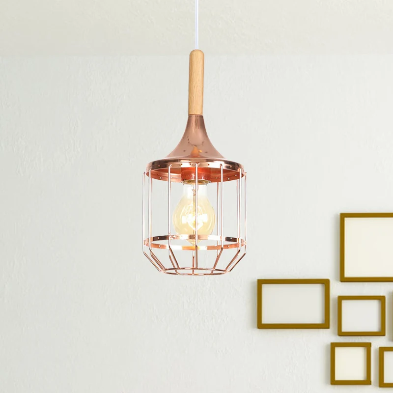 Roségouden trommelplafondhanger met metalen kooi 1 helder Moderne hanglamp voor gang