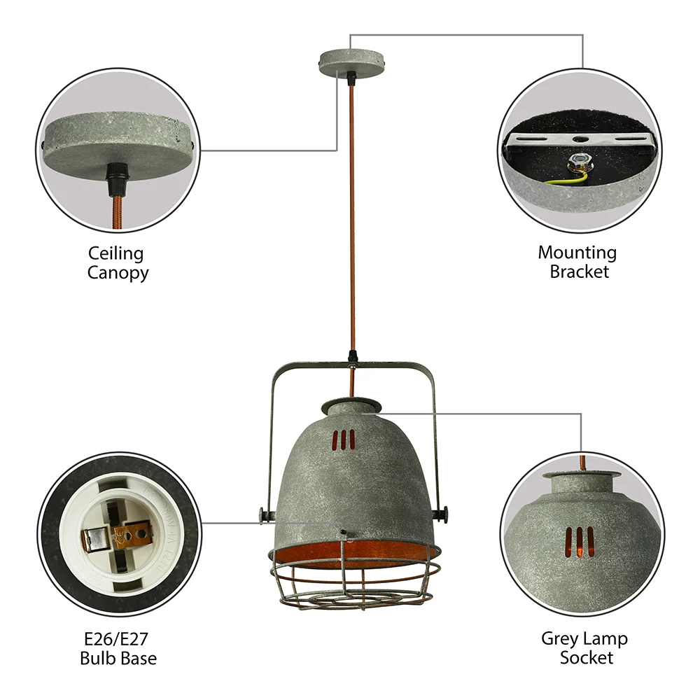 Smeedijzeren bel/koepelkap hanglamp industriële 1-lichts woonkamer hanglamp met draadbeschermer grijs met Dimbare LED