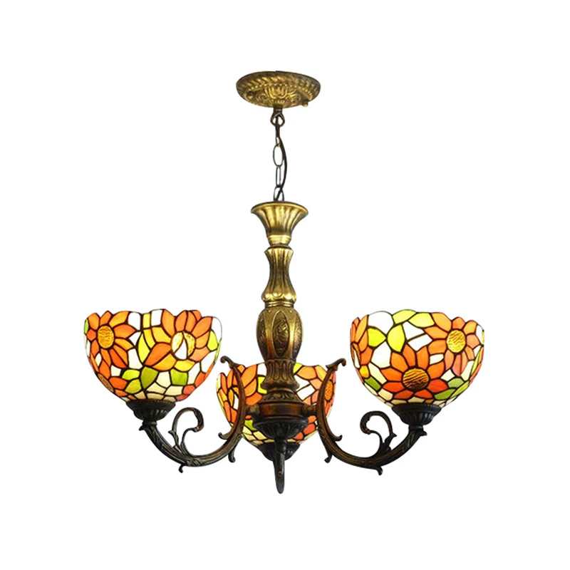 Track Verlichting 3/5/6 lampen zonnebloem keuken hanglamp glas--lood rustieke Tiffany kroonluchter met omgekeerde schaduw...