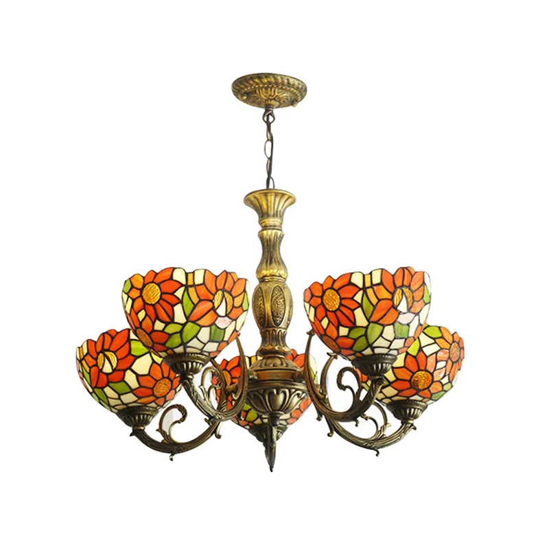 Track Verlichting 3/5/6 lampen zonnebloem keuken hanglamp glas--lood rustieke Tiffany kroonluchter met omgekeerde schaduw...