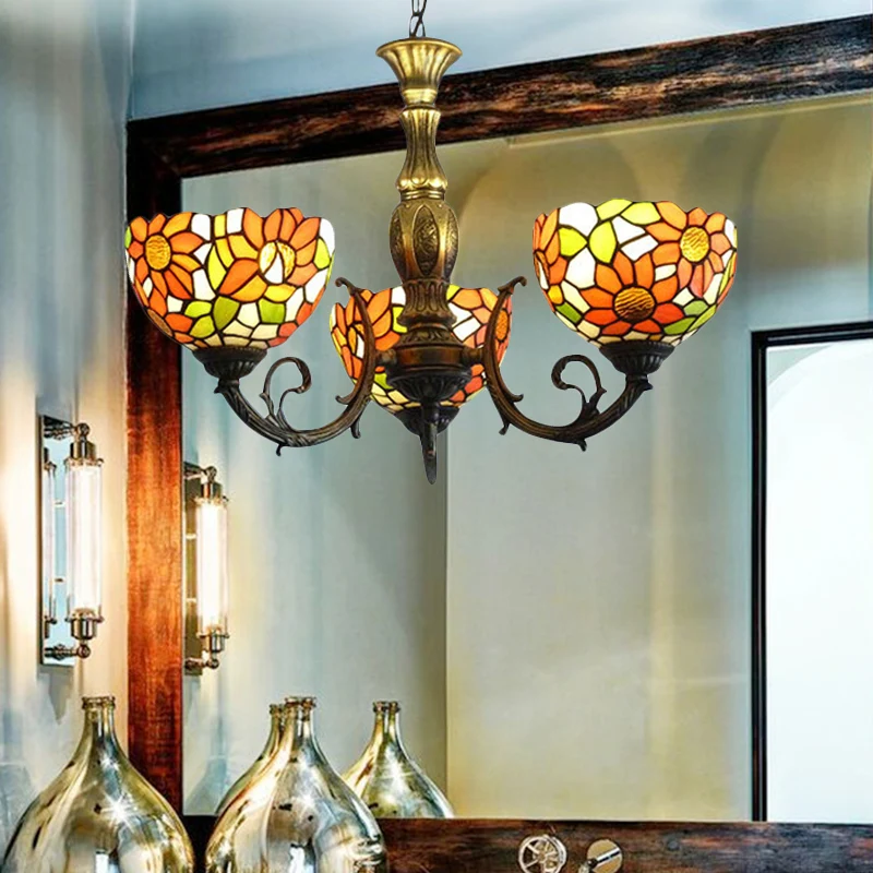 Track Verlichting 3/5/6 lampen zonnebloem keuken hanglamp glas--lood rustieke Tiffany kroonluchter met omgekeerde schaduw...
