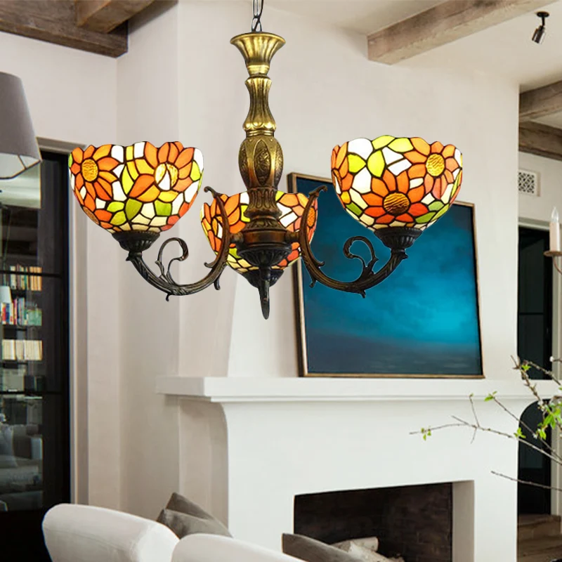 Track Verlichting 3/5/6 lampen zonnebloem keuken hanglamp glas--lood rustieke Tiffany kroonluchter met omgekeerde schaduw...
