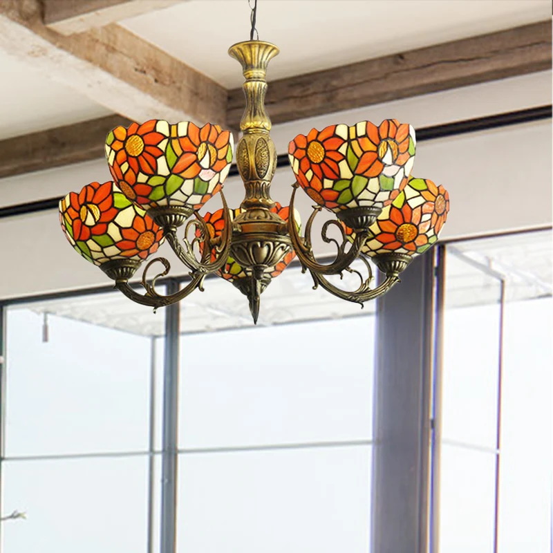 Track Verlichting 3/5/6 lampen zonnebloem keuken hanglamp glas--lood rustieke Tiffany kroonluchter met omgekeerde schaduw...