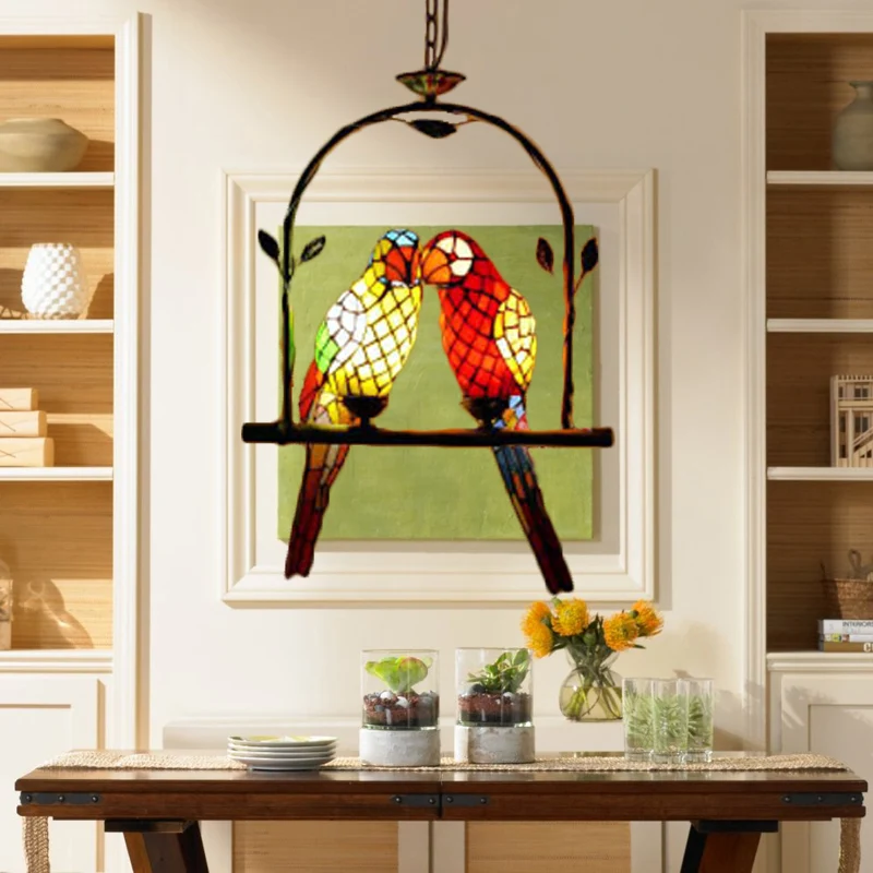 Vlakke Inbouw Parrot roestvrijstalen hanglamp Tiffany Stijlvolle 2-lichts rood/rood en geel hangende plafondlamp met zitst...