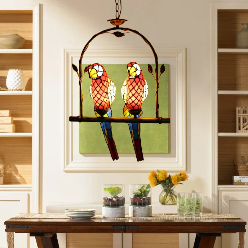 Vlakke Inbouw Parrot roestvrijstalen hanglamp Tiffany Stijlvolle 2-lichts rood/rood en geel hangende plafondlamp met zitst...