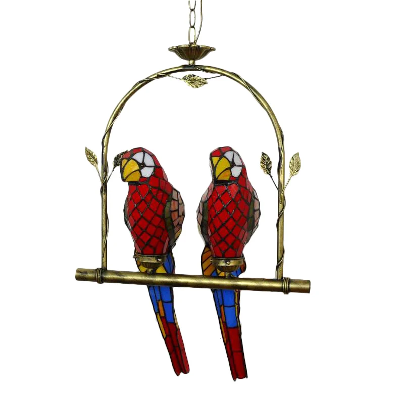 Vlakke Inbouw Parrot roestvrijstalen hanglamp Tiffany Stijlvolle 2-lichts rood/rood en geel hangende plafondlamp met zitst...
