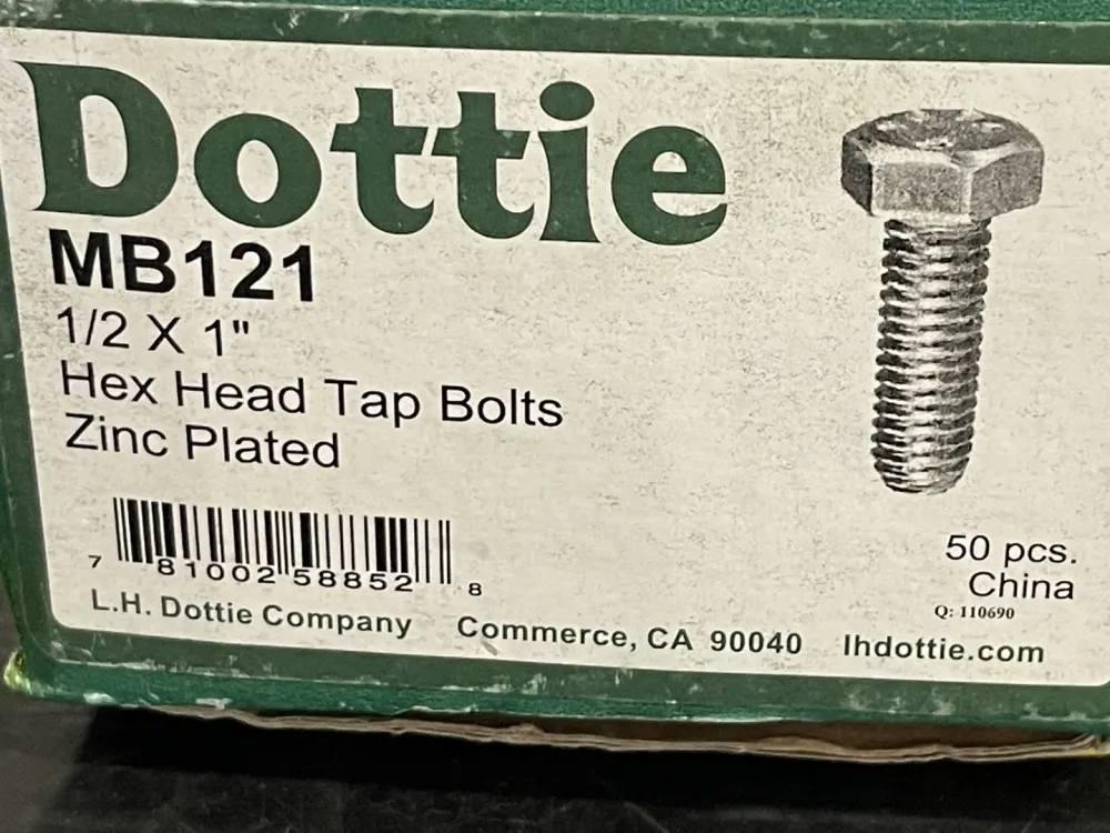 1/2'' x 1" Hex Head Tap Bolts Zink Plated MB121 (Box 50)