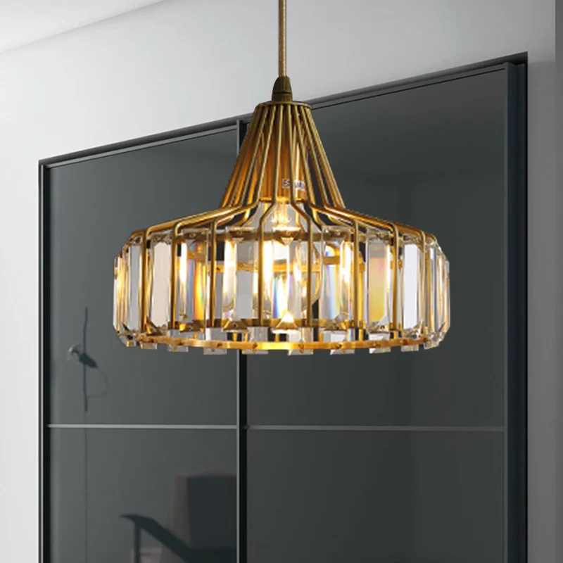 Crystal Block Drum Pendant Light Contemporary 1 Light 10"/14" Wide Gouden Hanging Light Gold