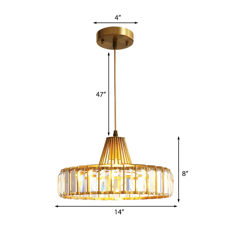 Crystal Block Drum Pendant Light Contemporary 1 Light 10"/14" Wide Gouden Hanging Light Gold
