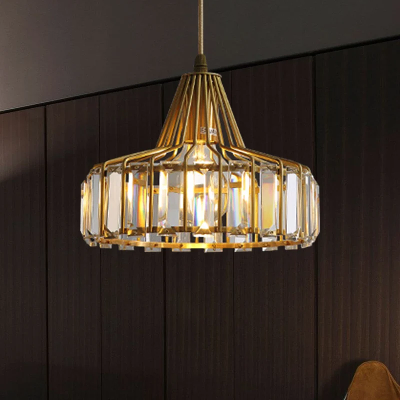 Crystal Block Drum Pendant Light Contemporary 1 Light 10"/14" Wide Gouden Hanging Light Gold