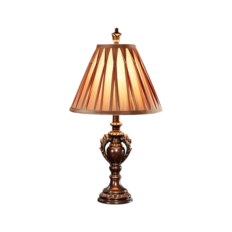 Energiezuinige HID 23 "/27" hoge 1-kops stoffen tafellamp antieke stijl bruin conisch gevormd woonkamer nachtkastje lamp