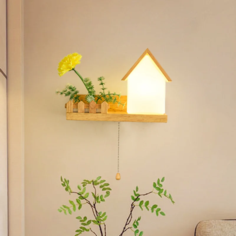 Huis Slaapkamer Schanslamp Industrieel Matglas 1 Lamp Hout LED Bloem Wandverlichting, Links/Rechts (IP65)