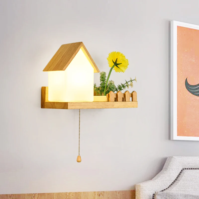 Huis Slaapkamer Schanslamp Industrieel Matglas 1 Lamp Hout LED Bloem Wandverlichting, Links/Rechts (IP65)